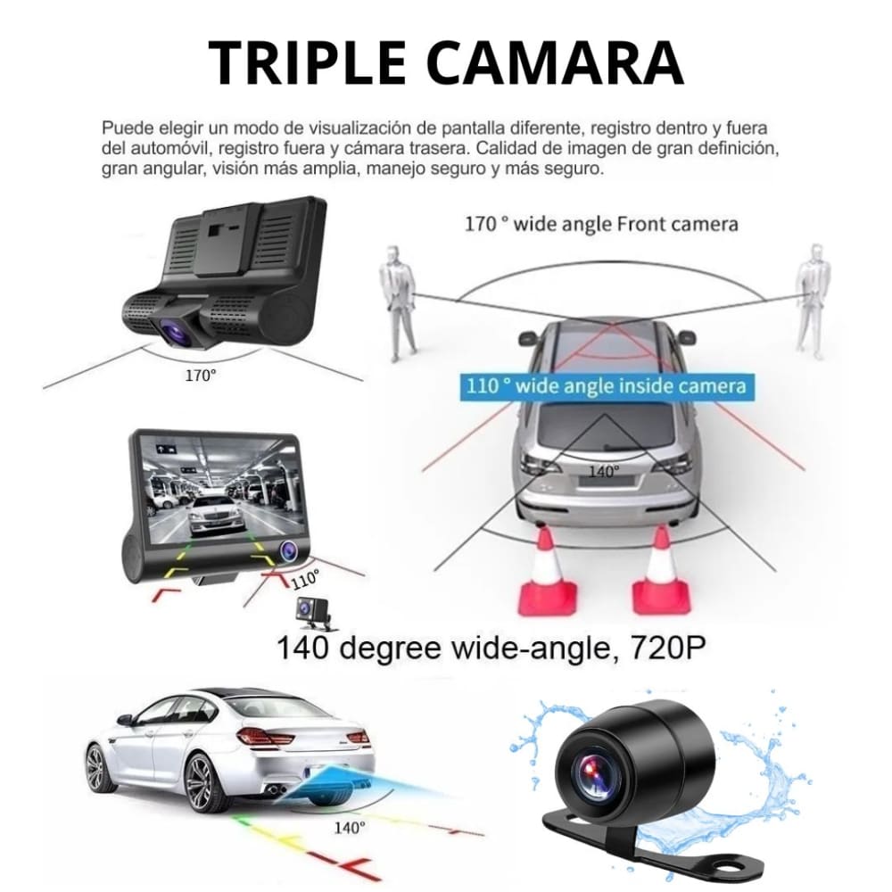 DVR HF AUDIO SR-DVR25 – TRIPLE CÁMARA – FRONTAL, INTERIOR Y REVERSA – FULL HD 1080P – PANTALLA DE 4”