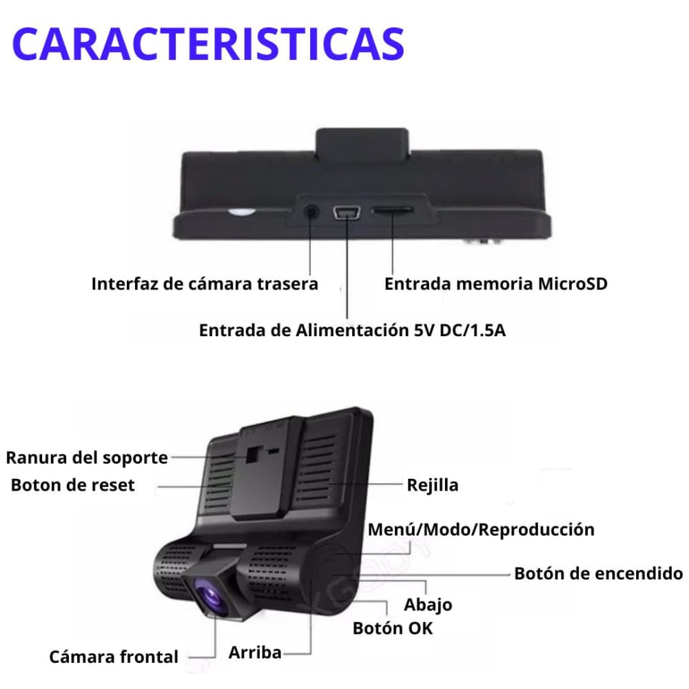 DVR HF AUDIO SR-DVR25 – TRIPLE CÁMARA – FRONTAL, INTERIOR Y REVERSA – FULL HD 1080P – PANTALLA DE 4”