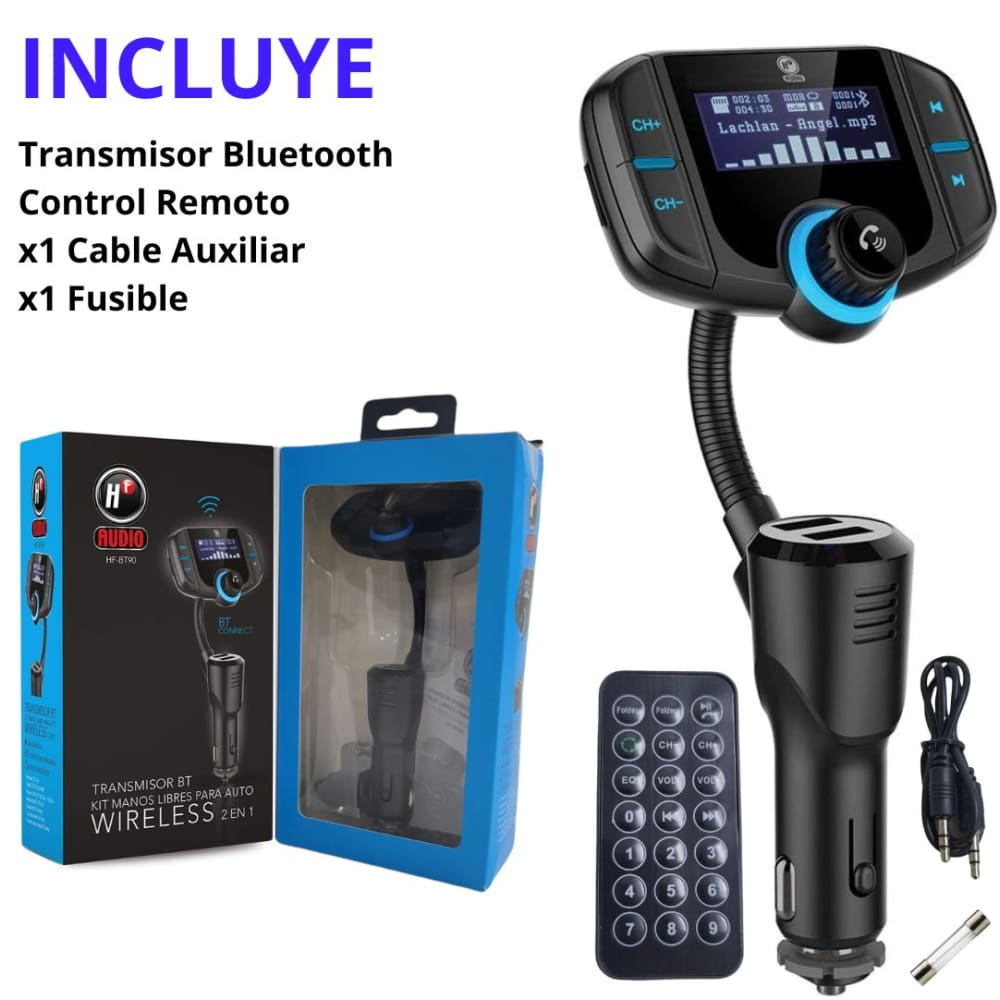 HF AUDIO| TRANSMISOR BLUETOOTH – KIT MANOS LIBRES – CARGADOR USB – AUX – CONTROL REMOTO