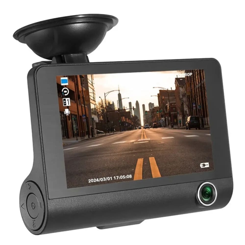 DVR HF AUDIO SR-DVR25 – TRIPLE CÁMARA – FRONTAL, INTERIOR Y REVERSA – FULL HD 1080P – PANTALLA DE 4”