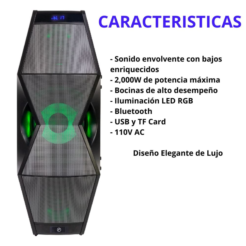 BOCINA DE ALTO DESEMPEÑO DE 2,000W P.M.P.O. CON ILUMINACION LED