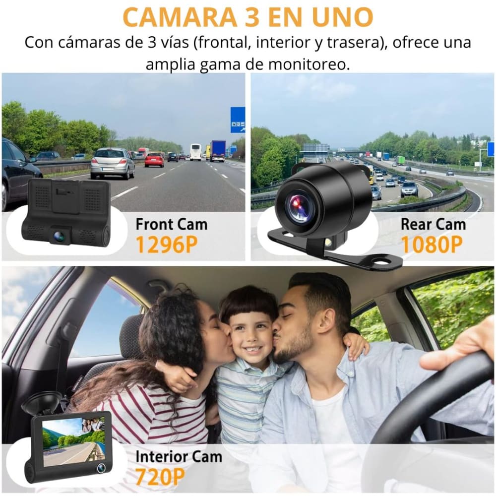 DVR HF AUDIO SR-DVR25 – TRIPLE CÁMARA – FRONTAL, INTERIOR Y REVERSA – FULL HD 1080P – PANTALLA DE 4”