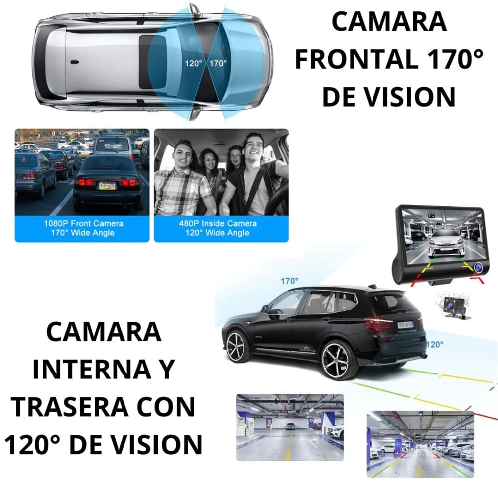 DVR HF AUDIO SR-DVR25 – TRIPLE CÁMARA – FRONTAL, INTERIOR Y REVERSA – FULL HD 1080P – PANTALLA DE 4”