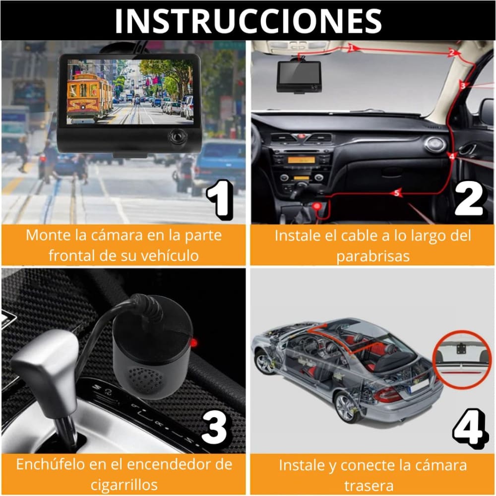 DVR HF AUDIO SR-DVR25 – TRIPLE CÁMARA – FRONTAL, INTERIOR Y REVERSA – FULL HD 1080P – PANTALLA DE 4”