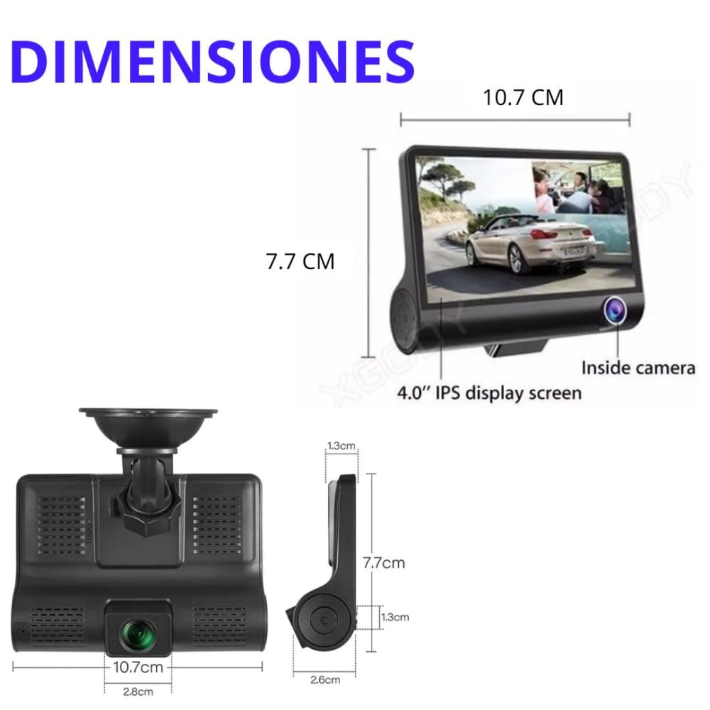 DVR HF AUDIO SR-DVR25 – TRIPLE CÁMARA – FRONTAL, INTERIOR Y REVERSA – FULL HD 1080P – PANTALLA DE 4”