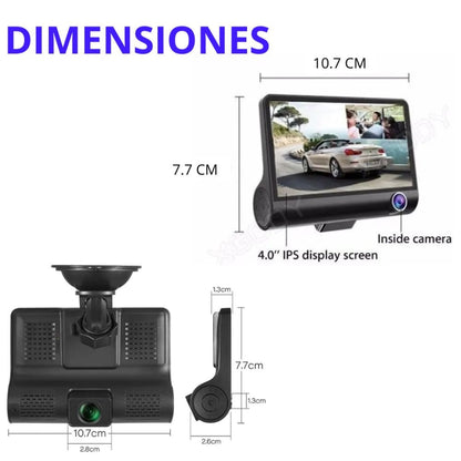 DVR HF AUDIO SR-DVR25 – TRIPLE CÁMARA – FRONTAL, INTERIOR Y REVERSA – FULL HD 1080P – PANTALLA DE 4”