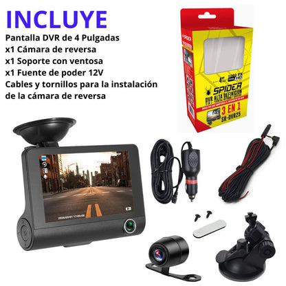 DVR HF AUDIO SR-DVR25 – TRIPLE CÁMARA – FRONTAL, INTERIOR Y REVERSA – FULL HD 1080P – PANTALLA DE 4”