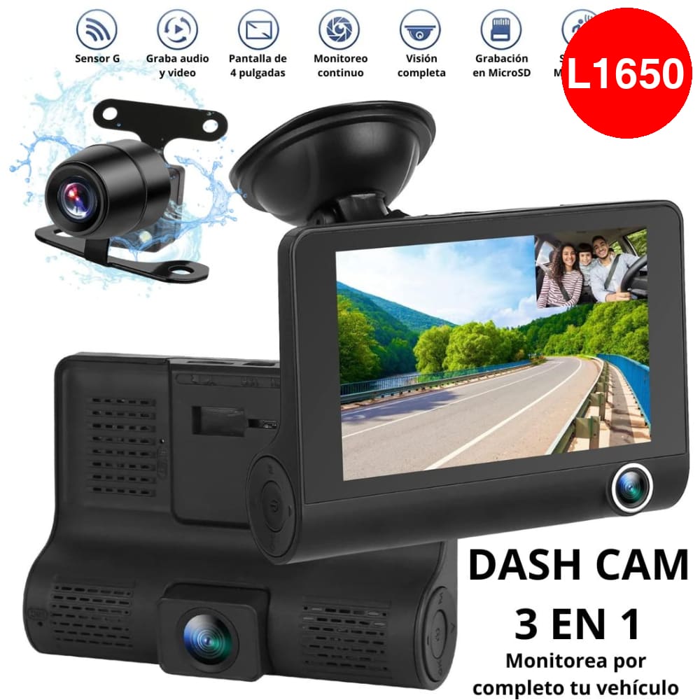 DVR HF AUDIO SR-DVR25 – TRIPLE CÁMARA – FRONTAL, INTERIOR Y REVERSA – FULL HD 1080P – PANTALLA DE 4”