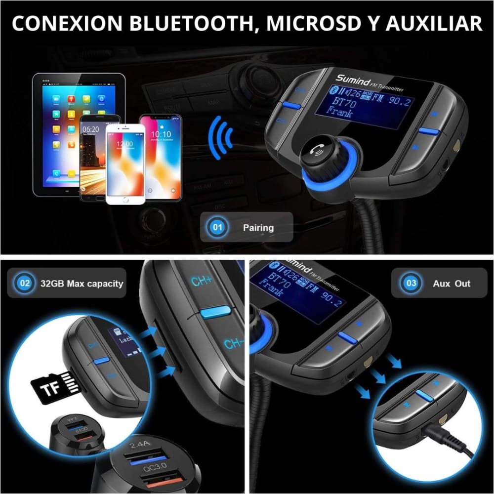 HF AUDIO| TRANSMISOR BLUETOOTH – KIT MANOS LIBRES – CARGADOR USB – AUX – CONTROL REMOTO