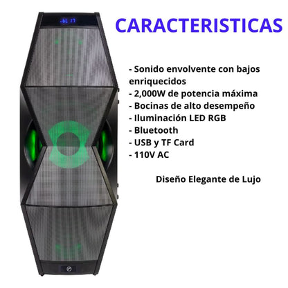 BOCINA DE ALTO DESEMPEÑO DE 2,000W P.M.P.O. CON ILUMINACION LED
