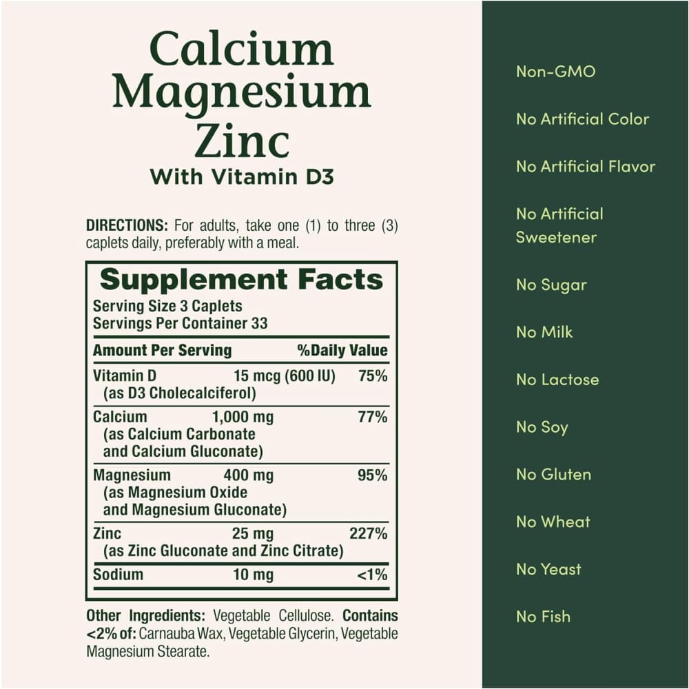 Capsulas de Calcio Magnesio Zinc con Vitamina D3 (Nature’s Bounty de 100 UNDS.)
