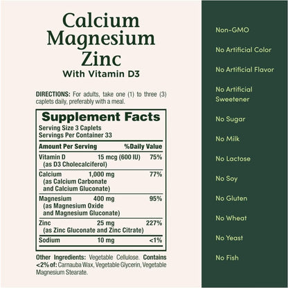 Capsulas de Calcio Magnesio Zinc con Vitamina D3 (Nature’s Bounty de 100 UNDS.)