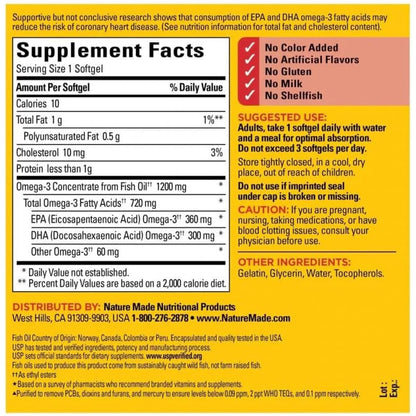 Capsulas de OMEGA 3 Nature Made de Aceite de pescado de 1200 mg suplemento para un corazón saludable cerebro y ojos