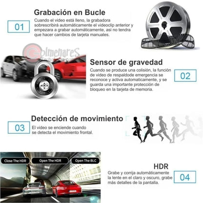 DVR HF AUDIO SR-DVR25 – TRIPLE CÁMARA – FRONTAL INTERIOR Y REVERSA – FULL HD 1080P – PANTALLA DE 4”