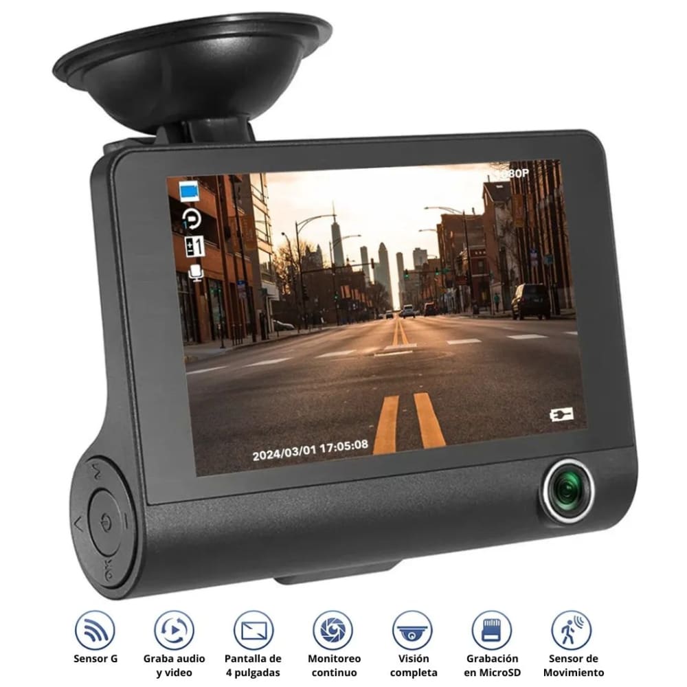 DVR HF AUDIO SR-DVR25 – TRIPLE CÁMARA – FRONTAL INTERIOR Y REVERSA – FULL HD 1080P – PANTALLA DE 4”