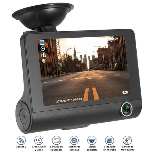 DVR HF AUDIO SR-DVR25 – TRIPLE CÁMARA – FRONTAL INTERIOR Y REVERSA – FULL HD 1080P – PANTALLA DE 4”