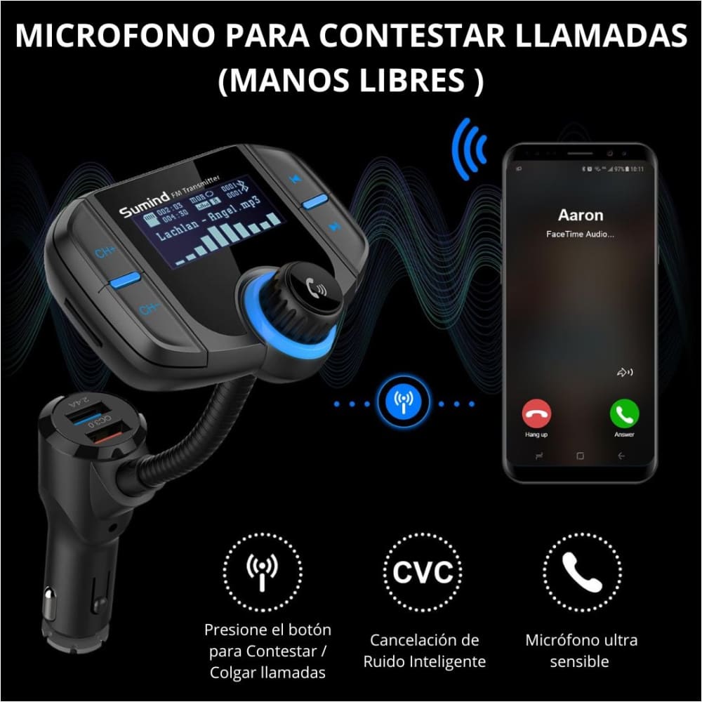HF AUDIO| TRANSMISOR BLUETOOTH – KIT MANOS LIBRES – CARGADOR USB – AUX – CONTROL REMOTO