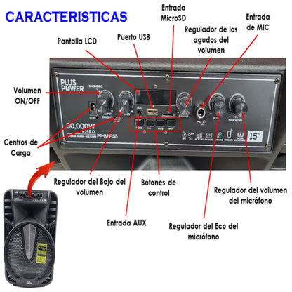 PARLANTE RECARGABLE BLUETOOTH DE 30,000W P.M.P.O + TRIPODE GRATIS