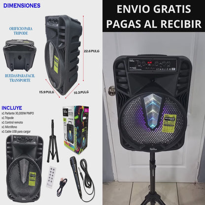 PARLANTE RECARGABLE BLUETOOTH DE 30,000W P.M.P.O + TRIPODE GRATIS